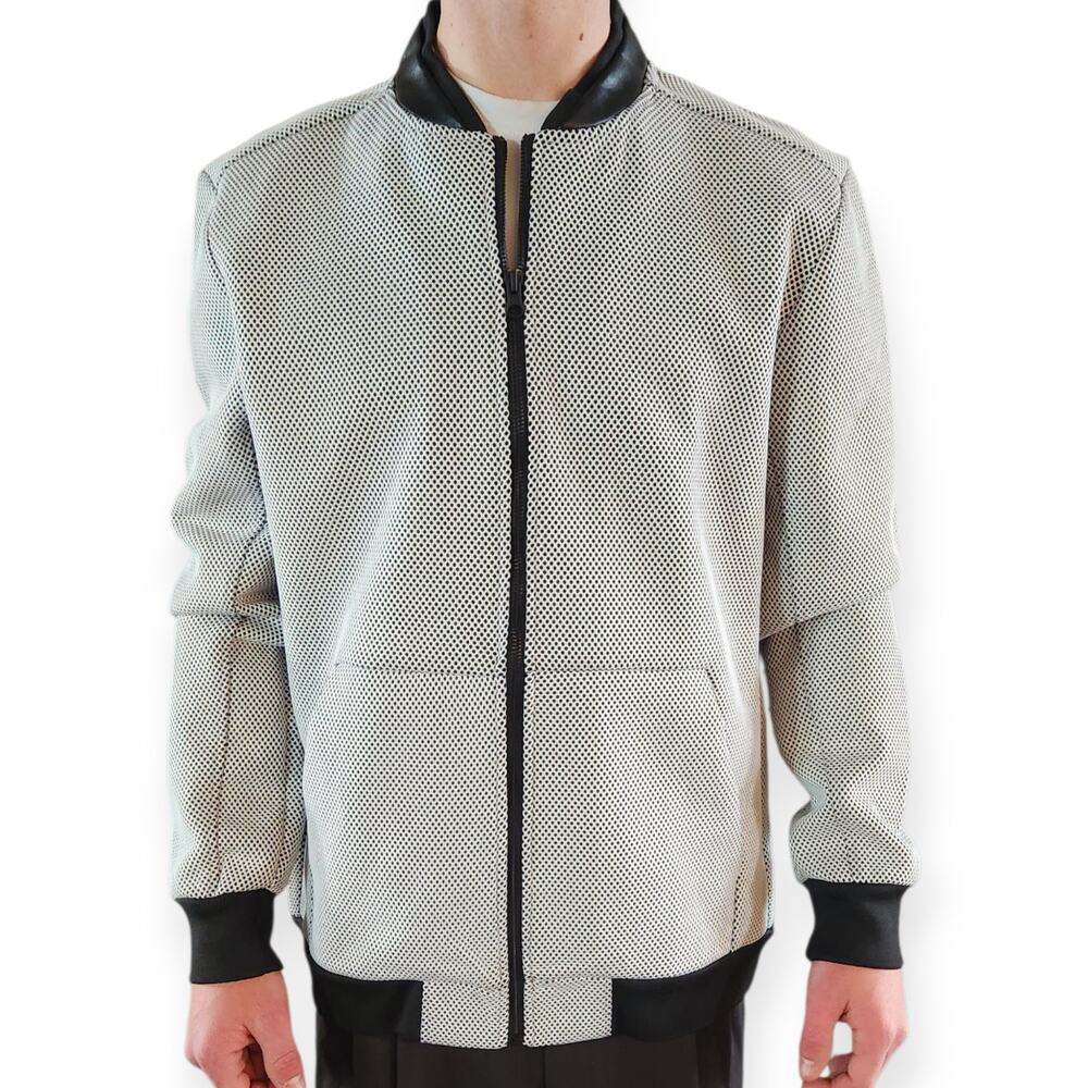 Kenneth Cole White Black Mesh Bomber Jacket Faux Leather Collar Men Medium NWOT